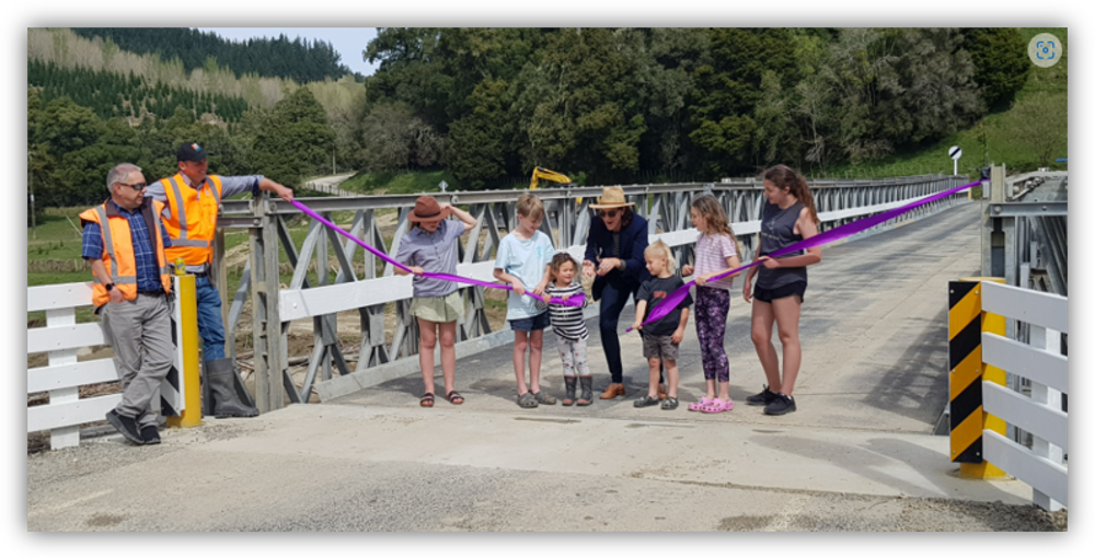 Mayor Rehette Stoltz opens the Hollywood Bailey Bridge on Bushy Knoll Road.